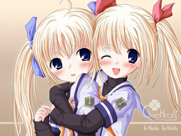 Anime picture 1024x768 with clover heart's mikoshiba rea mikoshiba rio nimura yuuji long hair blush blue eyes blonde hair twintails multiple girls ahoge one eye closed wink teeth fang (fangs) wallpaper hug siblings twins sisters