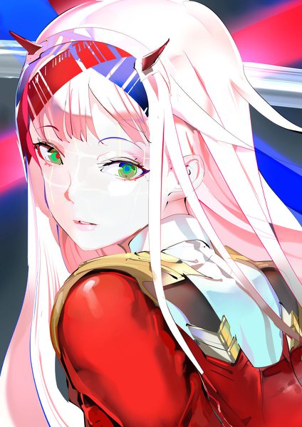 Anime picture 848x1200 with darling in the franxx studio trigger zero two (darling in the franxx) 119 single long hair tall image fringe green eyes pink hair parted lips looking back horn (horns) portrait expressionless girl headband bodysuit