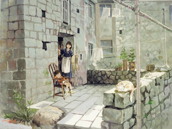 Anime picture 2362x1772 with original kaisen long hair fringe highres black hair brown hair standing sitting multiple girls signed outdoors braid (braids) long sleeves :o twin braids sleeping hair over shoulder girl dress