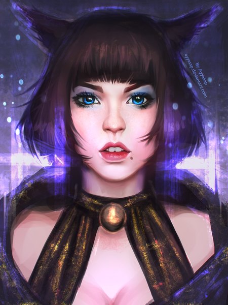 Anime picture 1536x2048 with ayyasap single tall image looking at viewer short hair blue eyes black hair animal ears lips realistic mole mole under mouth girl