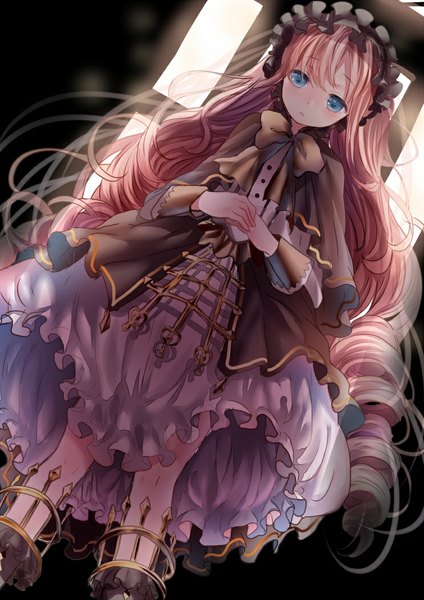 Anime picture 744x1052 with original iijima masashi single tall image looking at viewer blush fringe blue eyes standing pink hair indoors very long hair from below drill hair looking down lolita fashion girl bow lolita hairband