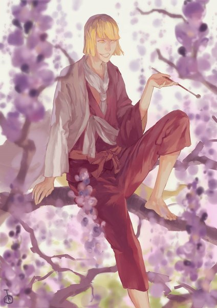 Anime picture 800x1131 with bleach studio pierrot hirako shinji folie-1618 single tall image fringe short hair blonde hair smile sitting holding yellow eyes traditional clothes japanese clothes barefoot boy flower (flowers) plant (plants) tree (trees)
