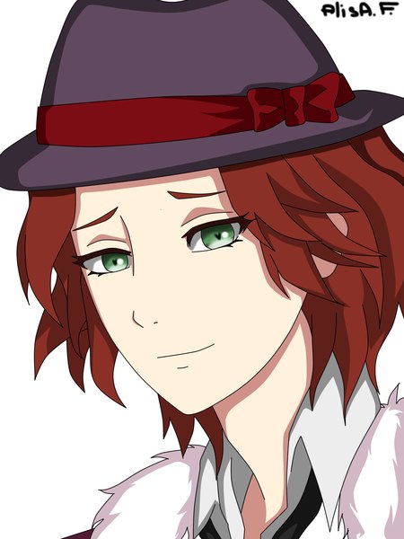 Anime picture 1536x2048 with diabolik lovers idea factory sakamaki raito aisa.f single tall image simple background white background green eyes signed red hair light smile portrait vector boy bow ribbon (ribbons) hat shirt necktie