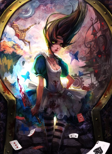 Anime picture 2552x3508 with american mcgee's alice (game) alice: madness returns alice (american mcgee's) zhuxiao517 single long hair tall image highres brown hair green eyes girl thighhighs dress pendant insect butterfly blood striped thighhighs knife card (cards)