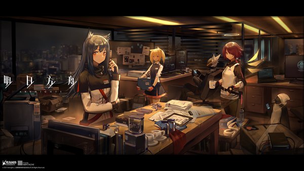 Anime picture 1920x1080 with arknights texas (arknights) exusiai (arknights) sora (arknights) the emperor (arknights) yith (arknights) huanxiang heitu long hair looking at viewer fringe highres short hair blonde hair hair between eyes red eyes wide image standing sitting twintails multiple girls