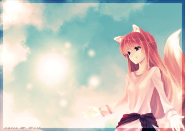 Anime picture 1200x850 with spice and wolf horo smile animal ears tail wolf ears wolf tail wolf girl girl