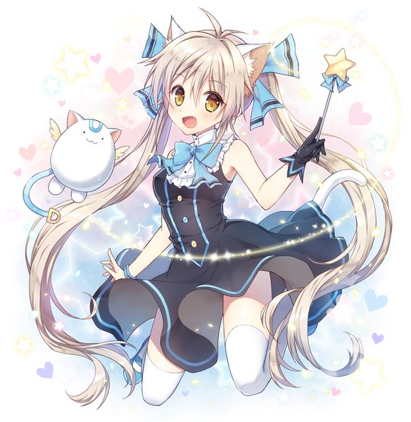 Anime picture 1020x1048 with original mauve single tall image looking at viewer blush fringe open mouth blonde hair simple background smile hair between eyes white background twintails animal ears yellow eyes payot full body ahoge bent knee (knees)