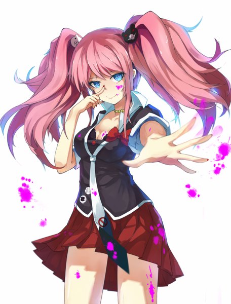 Anime picture 1200x1577 with dangan ronpa enoshima junko baisi shaonian single long hair tall image looking at viewer blue eyes simple background white background twintails pink hair girl skirt hair ornament bow necktie red skirt