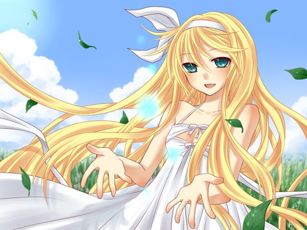 Anime picture 1400x1050 with vocaloid kagamine rin blonde hair green eyes girl sundress