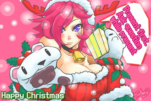 Anime picture 1000x667 with league of legends vi (league of legends) trombe single looking at viewer blush short hair breasts large breasts purple eyes pink hair facial mark christmas merry christmas girl bell