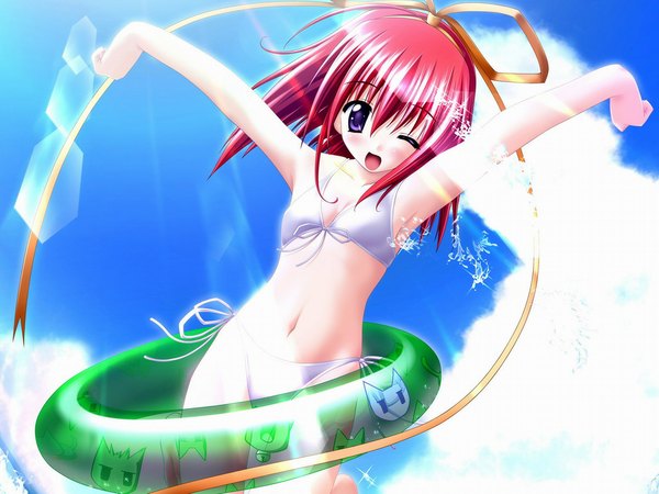 Anime picture 1024x768 with sayorana etranger kisaragi haruka purple eyes game cg sky cloud (clouds) red hair one eye closed wink arms up armpit (armpits) beach swimsuit bikini white bikini swim ring