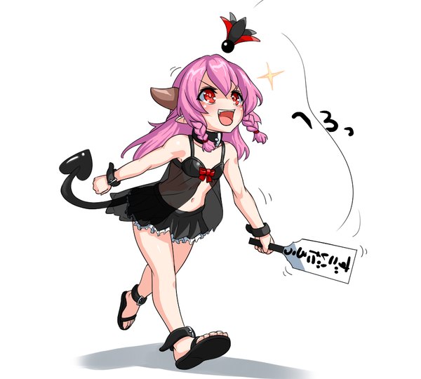 Anime picture 1000x900 with original bochi (pixiv id392759) single long hair blush open mouth light erotic simple background smile red eyes white background pink hair tail horn (horns) pointy ears demon tail girl skirt navel miniskirt
