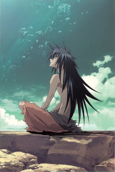 Anime picture 1339x2000 with heroic age age (heroic age) single long hair tall image black hair sitting sky scan inscription torn clothes hieroglyph boy