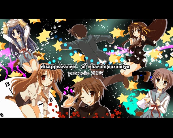 Anime picture 1280x1024 with suzumiya haruhi no yuutsu kyoto animation suzumiya haruhi nagato yuki asahina mikuru kyon koizumi itsuki asakura ryouko girl glasses serafuku