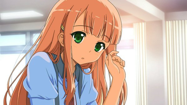 Anime picture 1500x844 with aorio yamabuki rio long hair open mouth blonde hair wide image green eyes game cg girl uniform school uniform