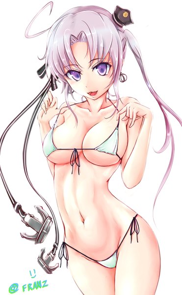 Anime picture 1000x1618 with kantai collection akitsushima seaplane tender franz (217franz) single long hair tall image looking at viewer fringe breasts open mouth light erotic simple background standing white background purple eyes signed silver hair girl navel underwear