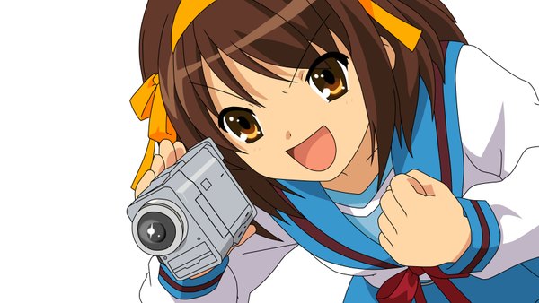 Anime picture 3408x1920 with suzumiya haruhi no yuutsu kyoto animation suzumiya haruhi highres wide image white background vector girl camera