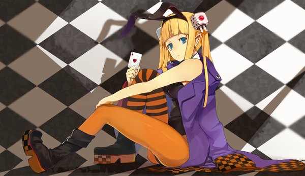 Anime picture 1182x684 with original shirabi single long hair looking at viewer blue eyes blonde hair wide image sitting twintails bare shoulders animal ears open clothes open jacket bunny ears checkered floor checkered checkered background girl hair ornament