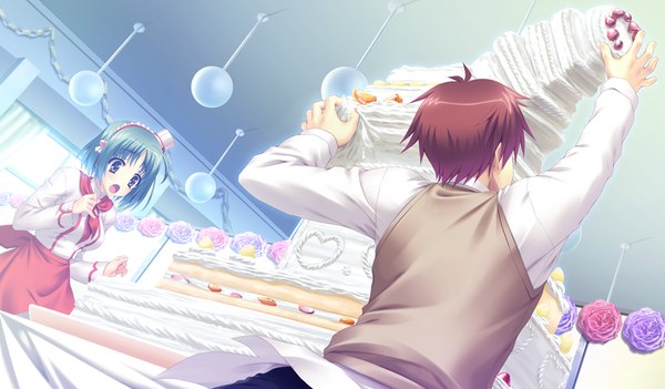 Anime picture 1024x600 with houkago kitchen short hair open mouth wide image purple eyes game cg red hair green hair girl boy hat sweets cake