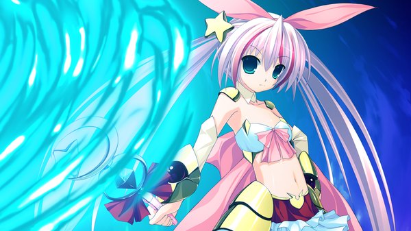 Anime picture 1280x720 with tiny dungeon (game) rosebleu wide image twintails green eyes pink hair game cg flat chest girl