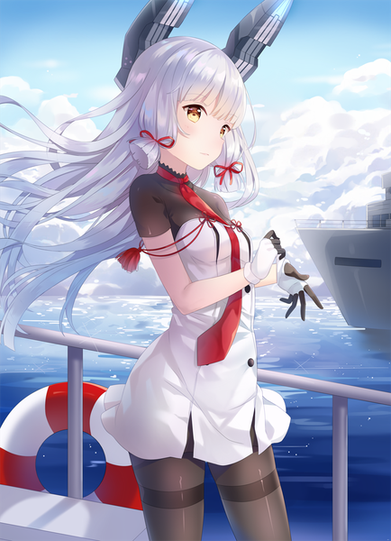 Anime picture 762x1052 with kantai collection murakumo destroyer hitsukuya single long hair tall image blush standing holding looking away sky silver hair cloud (clouds) outdoors wind short sleeves orange eyes tress ribbon remodel (kantai collection) girl