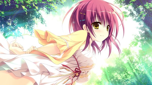 Anime picture 1280x720 with majo koi nikki kashiwabara mii asakura satsu looking at viewer blush short hair smile wide image yellow eyes pink hair game cg sky cloud (clouds) hands behind back dress bow plant (plants) tree (trees) white dress forest