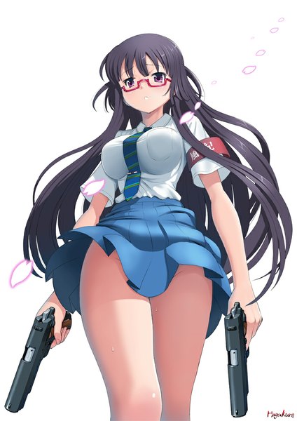 Anime picture 709x1004 with original number10 (hagakure) single long hair tall image looking at viewer blush fringe breasts open mouth light erotic black hair white background purple eyes holding signed pleated skirt looking down dual wielding girl