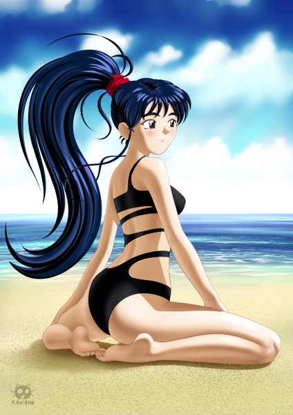 Anime picture 3508x4961 with tenchi muyou! anime international company masaki achika n.kaname single long hair tall image blush highres light erotic brown eyes blue hair absurdres sky cloud (clouds) ponytail beach girl swimsuit one-piece swimsuit