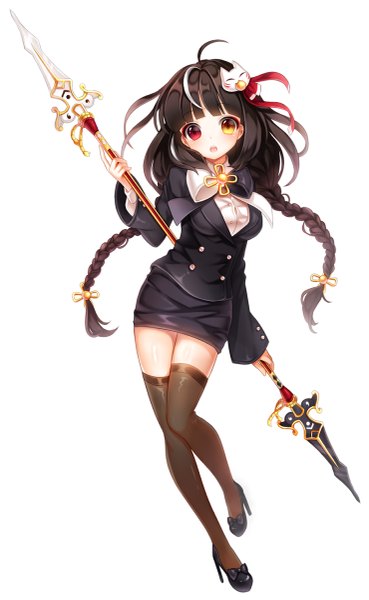 Anime picture 739x1200 with elsword elesis (elsword) haruya (lajoon) single long hair tall image looking at viewer fringe breasts black hair simple background red eyes large breasts standing white background yellow eyes bent knee (knees) braid (braids) high heels heterochromia