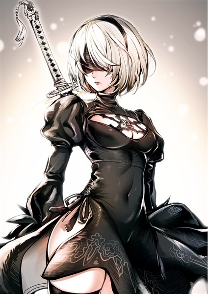 Anime picture 1417x2006 with nier nier:automata yorha no. 2 type b kat (bu-kunn) single tall image short hair breasts light erotic large breasts white background cleavage silver hair white hair mole puffy sleeves gradient background covered navel mole under mouth blindfold