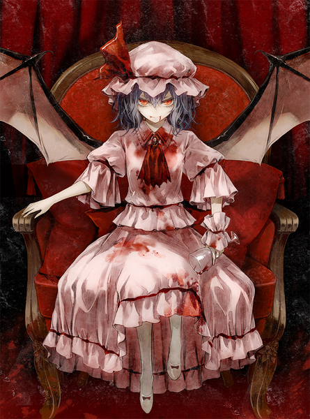 Anime picture 891x1200 with touhou remilia scarlet minakata sunao single tall image looking at viewer short hair smile red eyes sitting purple hair bat wings girl pantyhose wings blood bonnet armchair