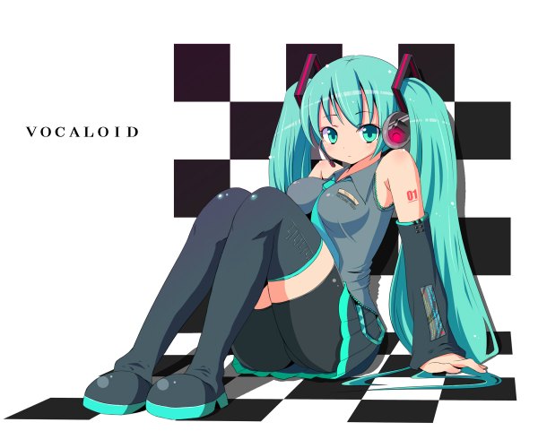 Anime picture 1200x962 with vocaloid hatsune miku long hair twintails green eyes very long hair green hair checkered background girl headphones