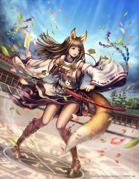 Anime picture 1242x1600 with shinma x keishou! ragnabreak original anbe yoshirou single long hair tall image open mouth brown hair brown eyes animal ears tail traditional clothes animal tail fox ears fox tail fox girl girl weapon detached sleeves petals