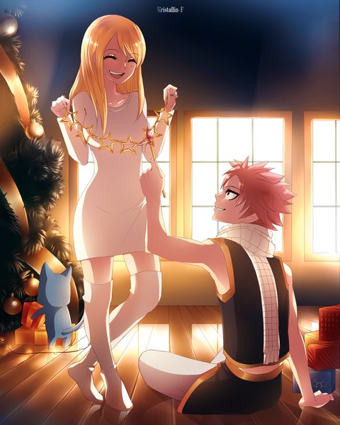 Anime picture 1040x1300 with fairy tail lucy heartfilia natsu dragneel happy (fairy tail) kristallin-f (artist) long hair tall image short hair open mouth blonde hair smile pink hair eyes closed profile black eyes sunlight sleeveless christmas merry christmas girl