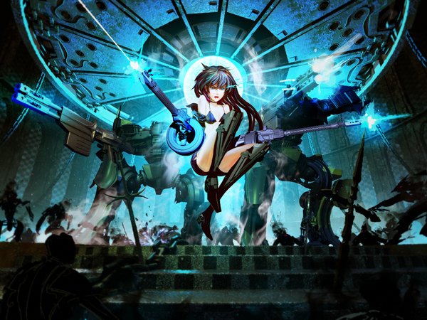 Anime picture 3508x2631 with black rock shooter black rock shooter (character) arsenixc single long hair highres open mouth blue eyes black hair twintails absurdres glowing glowing eye (eyes) jumping 3d science fiction girl weapon shorts boots