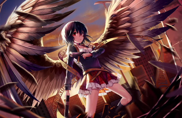 Anime picture 2560x1669 with original kin toki single looking at viewer fringe highres short hair hair between eyes red eyes holding sky bent knee (knees) city evening sunset dual wielding angel dark hair russian girl