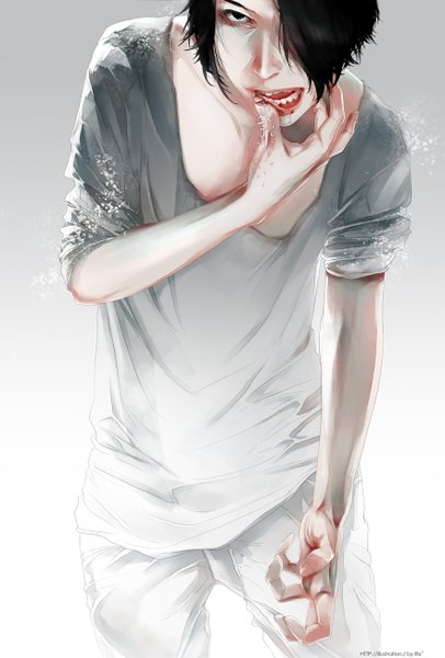 Anime picture 881x1300 with original re (artist) single tall image looking at viewer fringe short hair open mouth black hair simple background black eyes hair over one eye inscription teeth finger to mouth twisty sleeves boy splashes
