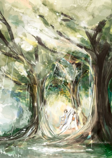 Anime picture 900x1273 with original koto2 tall image short hair brown hair multiple girls signed traditional clothes japanese clothes barefoot sunlight girl dress 2 girls plant (plants) tree (trees) kimono mask forest lantern