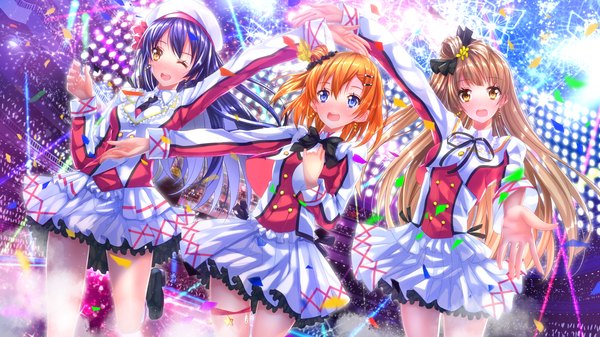 Anime picture 1920x1080 with love live! school idol project sunrise (studio) love live! minami kotori sonoda umi kousaka honoka swordsouls long hair looking at viewer blush highres short hair open mouth blue eyes brown hair wide image multiple girls brown eyes blue hair one eye closed