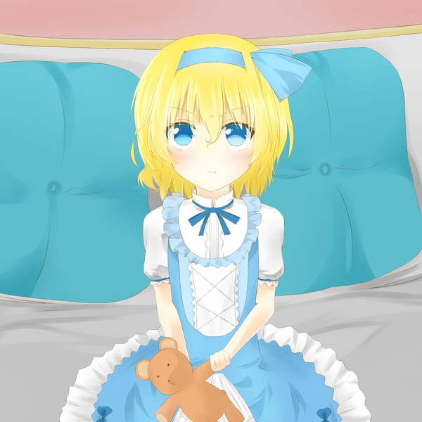 Anime picture 1200x1200 with touhou alice margatroid layla000 single looking at viewer short hair blue eyes blonde hair sitting short sleeves :t girl dress toy stuffed animal couch stuffed toy blue dress teddy bear