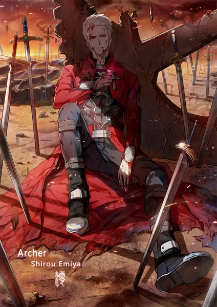 Anime picture 849x1200 with fate (series) archer (fate) emiya shirou jun ling single tall image short hair smile red eyes sitting full body bent knee (knees) white hair light smile character names torn clothes blood on face bloody clothes destruction spoilers