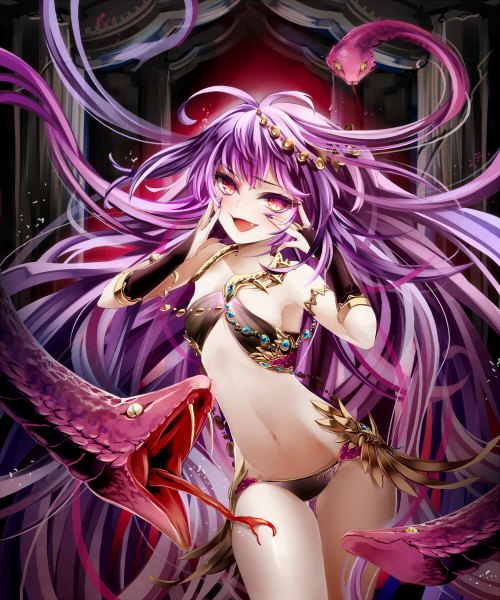 Anime picture 1000x1200 with original toi (4089597) long hair tall image open mouth light erotic red eyes purple hair teeth fang (fangs) girl navel jewelry snake