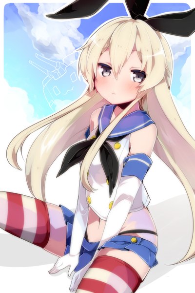 Anime picture 1000x1500 with kantai collection shimakaze destroyer rensouhou-chan takeshima eku single long hair tall image looking at viewer blush blonde hair bare shoulders silver eyes girl thighhighs gloves navel bow hair bow miniskirt elbow gloves