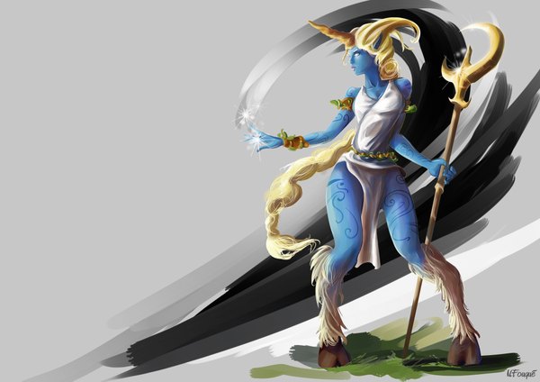 Anime picture 4092x2893 with league of legends soraka (league of legends) nfouque long hair highres blonde hair simple background absurdres braid (braids) horn (horns) pointy ears tattoo dark skin single braid crescent girl dress belt staff