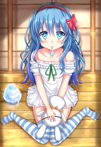 Anime picture 1200x1736 with date a live yoshino (date a live) yoshinon kazenokaze single long hair tall image looking at viewer blush blue eyes bare shoulders holding blue hair loli mouth hold girl thighhighs dress bow hair bow