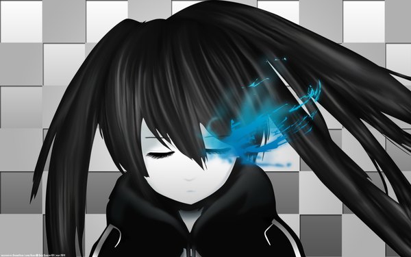 Anime picture 1920x1200 with black rock shooter kuroi mato long hair highres black hair wide image twintails eyes closed glowing glowing eye (eyes) girl