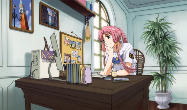 Anime picture 3473x2060 with aria aria the natural mizunashi akari single long hair highres wide image payot pink hair ponytail alternate hairstyle chin rest alternate age alternate hair length older girl uniform hair tubes desk room