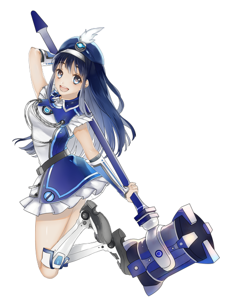 Anime picture 2000x2597 with vividred operation futaba aoi (vividred operation) km (kyoma0) single long hair tall image looking at viewer highres open mouth blue eyes smile blue hair vector girl dress headdress hammer