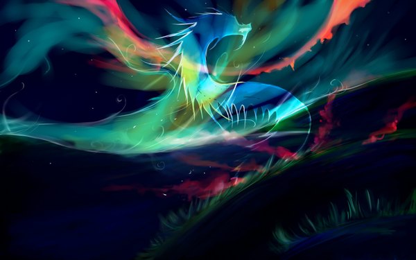 Anime picture 1920x1200 with tagme (artist) highres wide image night sky dark background smoke silhouette transparent fog aurora borealis plant (plants) grass dragon