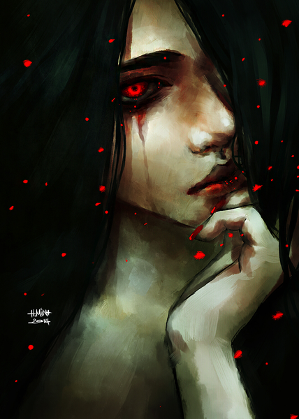 Anime picture 750x1051 with original nanfe single long hair tall image looking at viewer blush fringe black hair signed nail polish hair over one eye arm support lipstick tears portrait pale skin red lipstick girl blood